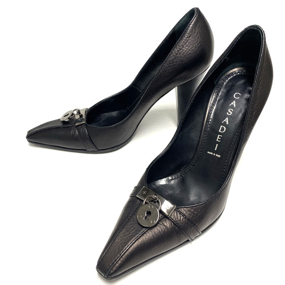 Casadei Pump Black Leather Point Toe Lock Charm Slim Heel Italy Slip On … - Picture 8 of 11